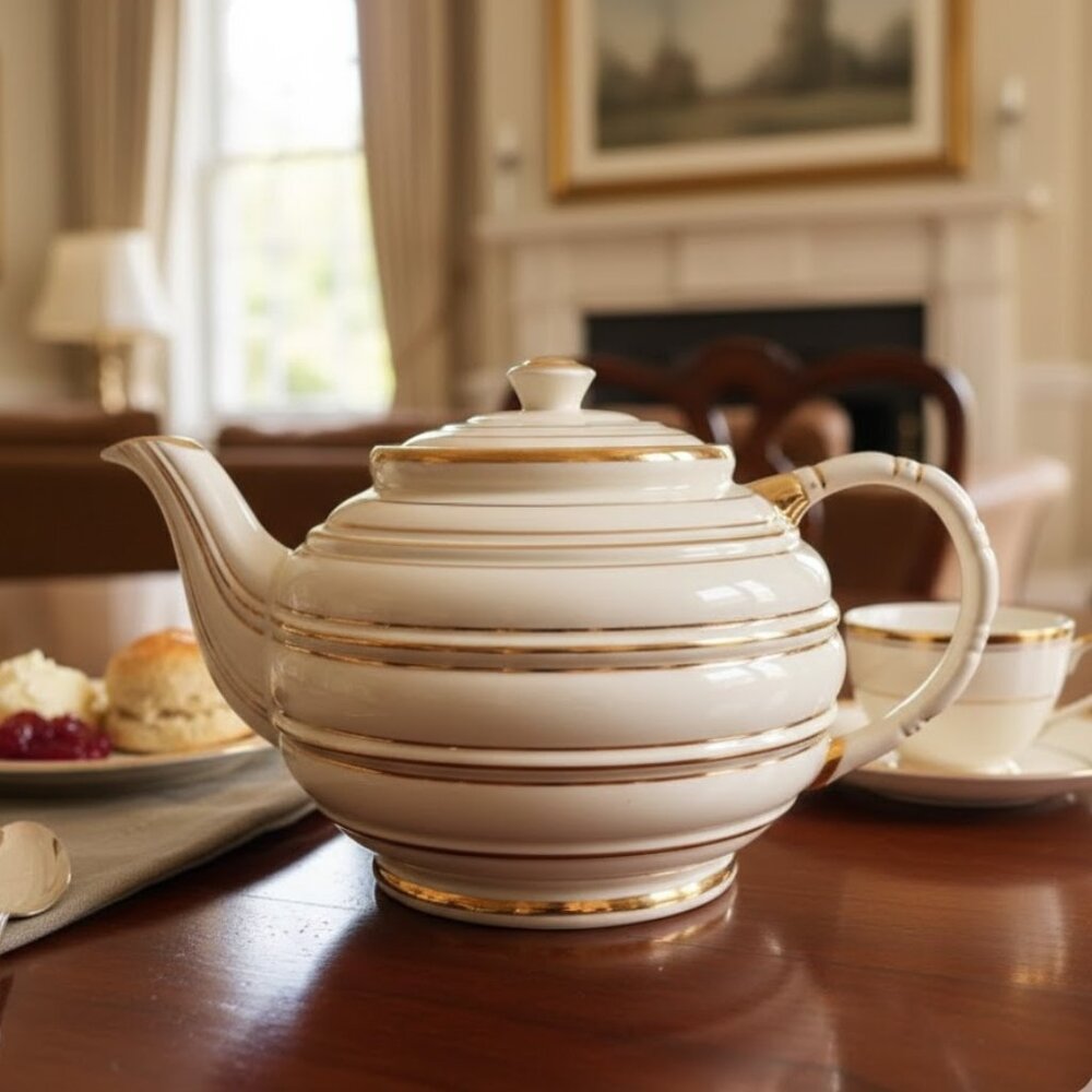 Vintage Sadler Horizontal Gold Ribbed Design in Ivory White 1947 Teapot 4 Cups